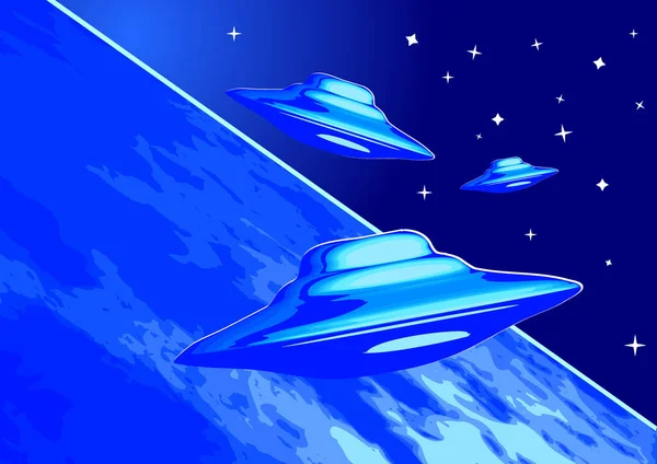 Three Ufo Night Sky Vector Illustration — Stok Vektör