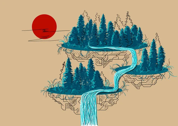 Абстрактная Иллюстрация Лесного Вектора Солнцем Рекой — стоковый вектор