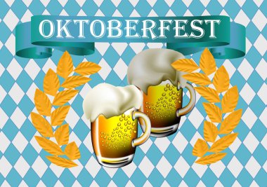 Ekim Festivali arka planında mavi ve beyaz üzerine iki bira