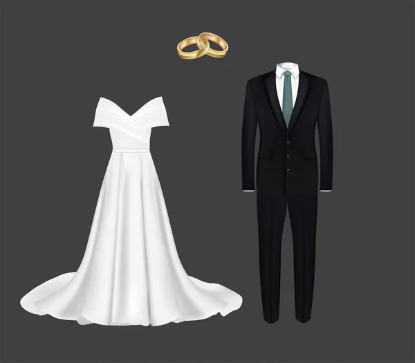 Ensemble Mariage Robes Bagues Vecteur — Image vectorielle