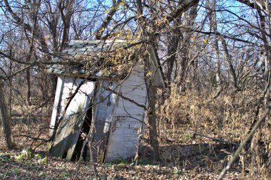 Rustic white outhouse leaning a bit to the right