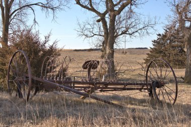 Ağaçlarla çevrili eski saman tırmığı ve uzak bir kırsal alanda uzun otlar.