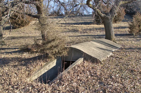 Rural Farm Tornado Underground Shelter Made Concrete Fall Colors Surrounding — Stock Photo, Image