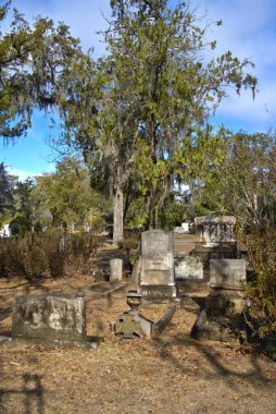 Tombstones and grave site at Bonaventure Cemetery, Savannah, Georgia. Live Oak trees and Spanish Moss in the background.