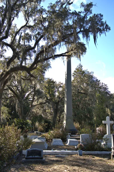 在具有历史意义的Bonaventure坟场中的巨大石像 清晨的阳光下 活橡树上吊着西班牙苔藓 挂在墓碑前 — 图库照片
