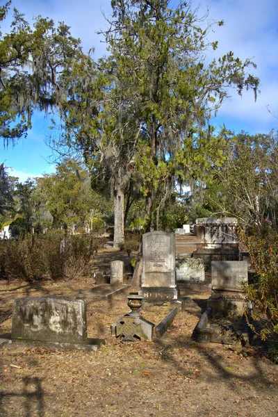 ジョージア州サバンナのボナベンチャー墓地にある墓石と墓所 背景にはオークの木とスペインの苔が住んでいます — ストック写真