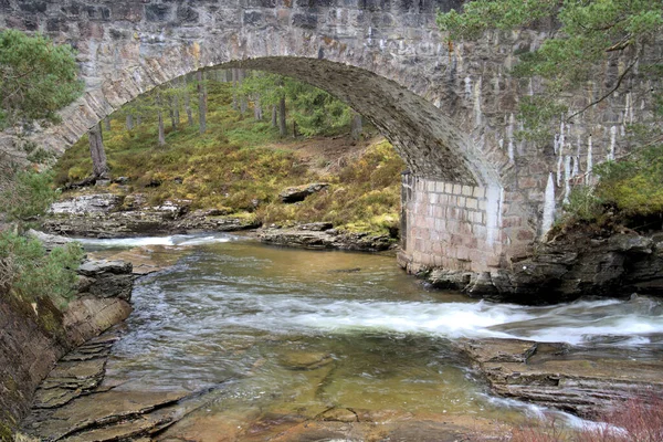 Каменный Арочный Мост Красочным Шотландским Ручьем Внизу Ранней Весной Облачным — стоковое фото