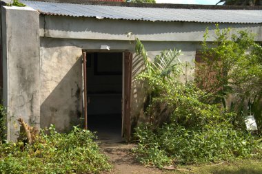 Koyu yeşil bitki örtüsüyle çevrili teneke çatılı taştan bir binanın kapısı.