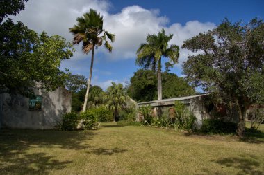 Yemyeşil bitki örtüsüyle çevrili tarihi binaların üzerinde mavi gökyüzü.
