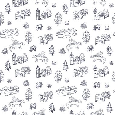 Seamless landscape elements hand drawn