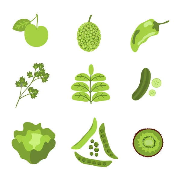Conjunto Vetor Frutas Legumes Verdes — Vetor de Stock