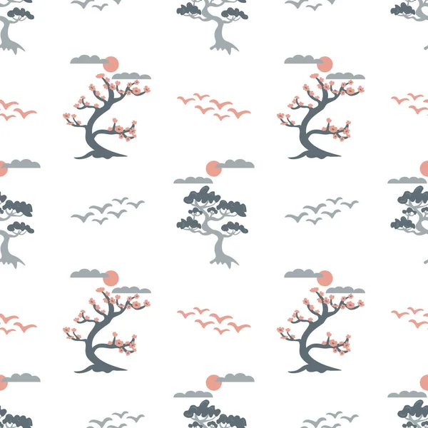 Seamless Japanese Style Sakura Birds Pine Tree Pattern — Stock Vector