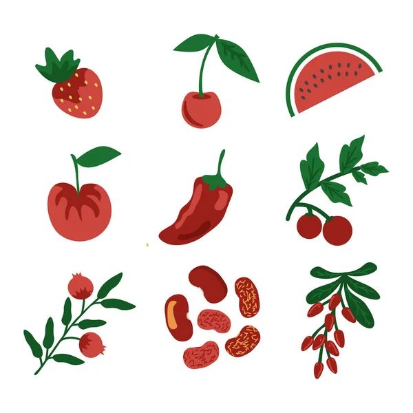 红色水果和蔬菜病媒群 — 图库矢量图片