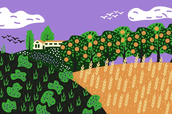 Agroforestry Eenvoudige Vector Landschap Illustratie — Stockvector