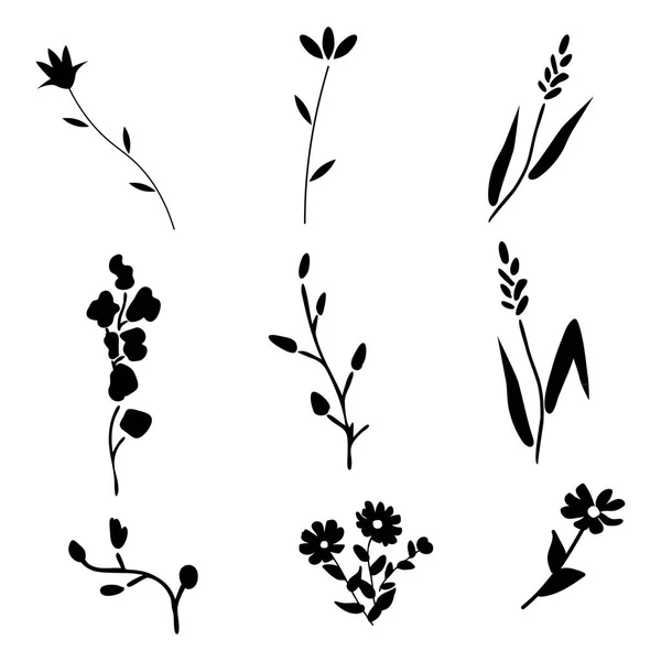 Black Ditsy Flowers Vector Set — Stock Vector