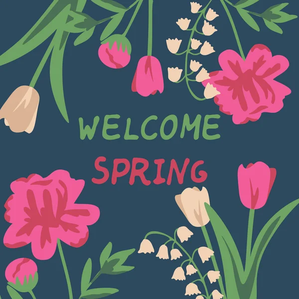 Blumenschmuckkarte Mit Pfingstrose Tulpe Und Maiglöckchen lizenzfreie Stockvektoren