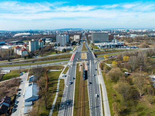 Mehrgleisiger Kreuzungsbereich Der Stadtautobahn Krakau Polen Straßenbahn Und Straßenbahn Der — Stockfoto
