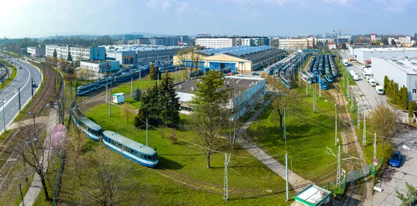 Luftaufnahme Eines Straßenbahndepots Voller Blauer Straßenbahnen Krakau Polen — Stockfoto
