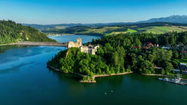 Polen Mittelalterliche Burg Niedzica Sonnenuntergang Künstlicher Czorsztyn See Fluss Dunajec — Stockvideo