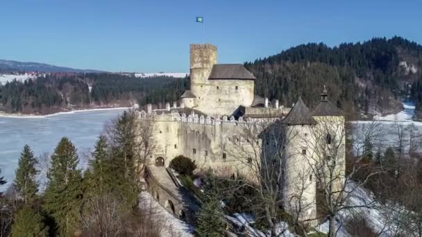 Polonya Niedzica Daki Ortaçağ Kalesi Kışın Yüzyıla Yukarıdaki Şatoya Dayanıyor — Stok video