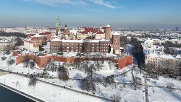Cracovia Polonia Catedral Real Wawel Castillo Nieve Invierno Río Vístula — Vídeo de stock