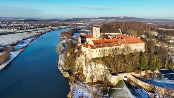 Tyniec Krakow Poland Benedictine Abbey Monastery Church Steep Rocky Cliff — Stock Video