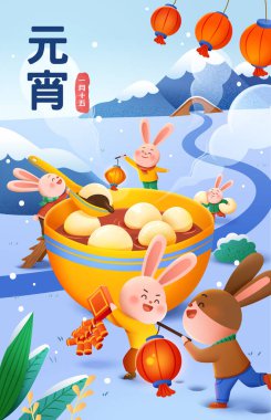 2023 Çin Fener Festivali kartı. Şirin tavşanlar mavi kar tarlasında büyük bir kase tatlı glutinous pirinç topunun keyfini çıkarıyorlar. Tercümesi: 