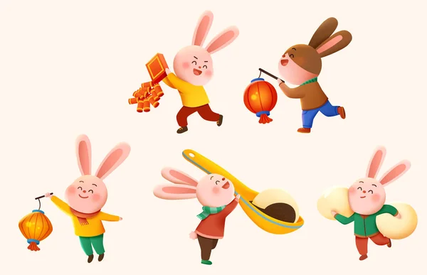 Illustration Fem Kaniner Fejrer Kinesisk Lantern Festival Dem Holder Lanterner – Stock-vektor