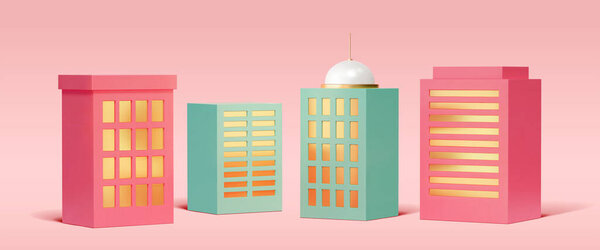 3D Rendering pink and light green skyscrapers in minimal style isolated on pink background