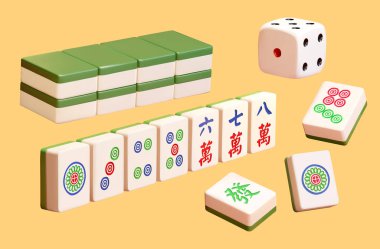 Tile based game Mahjong in rows and stack. 3D Illustration of Chinese dice, tiles of dots and characters in row, and tile stacks facing downward. Text: Fa. Liuwan. Qiwan. Bawan. clipart