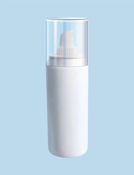 浅蓝色背景下无标签的现实白色化妆品泵瓶模型的三维说明 — 图库矢量图片