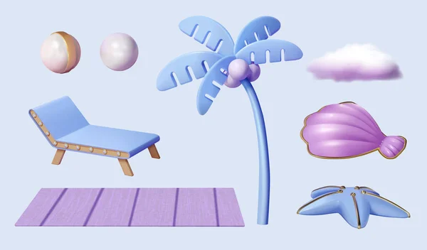 Illustration Des Strand Elements Set Mit Perlen Strandliege Matte Palme — Stockvektor