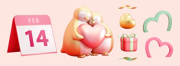 Illustration Ett Par Kärleksfulla Pingvin Par Som Håller Ett Hjärta — Stock vektor