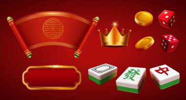 NY mahjong tahtası fayanslarının 3 boyutlu çizimi, oryantal şablon kaydırması, taç, zar, eğimli arka planı olan altın çerçeve. Tercümesi: Zhong. Fa