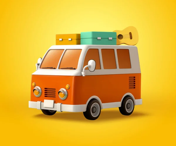 3D的橙色迷你面包车的插图 顶部有行李和吉他 露营或旅行活动的玩具部分 — 图库矢量图片#