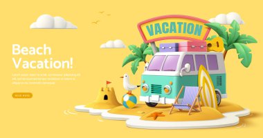 Plaj adasında mini minibüs park etme, plaj tatili konsepti, şirin üç boyutlu karikatür resimlerinde iniş sayfası şablonu.