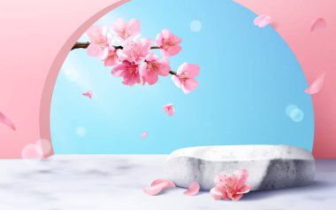 3 boyutlu kiraz çiçeği temalı arkaplan mermer taş podyum, taç yaprakları ve kemer duvarının dışındaki sakura dallarıyla.