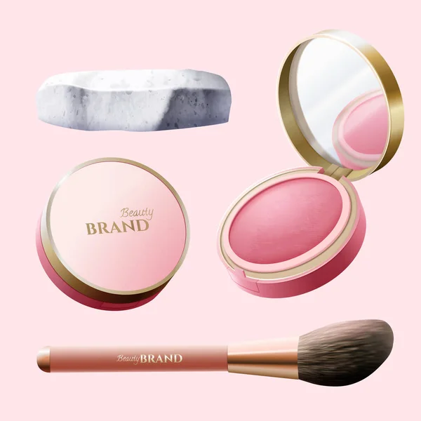 Illustration Beauty Cosmetic Elements Including Blush Powder Compacts Mirror Make — Stockový vektor