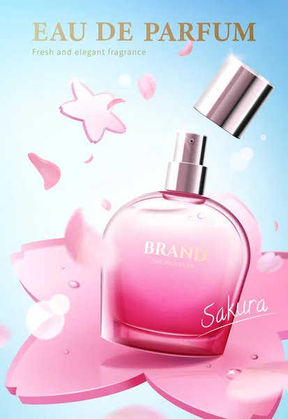 3D樱花主题香水广告 粉红色喷雾玻璃瓶陈列在Sakura形状的玻璃圆盘饰物上 上有落花花瓣装饰 — 图库矢量图片
