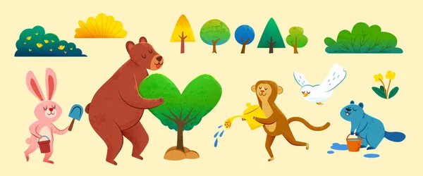 Illustration Trees Bushes Cute Animal Planting Heart Shape Tree Watering — Stock Vector