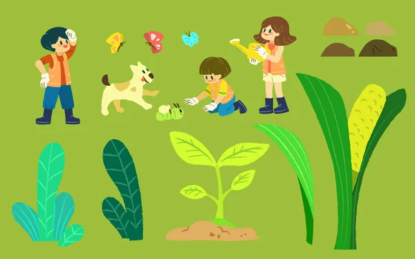 Illustration Cute Children Animals Insects Plants Rocks Isolated Apple Green — Stok Vektör