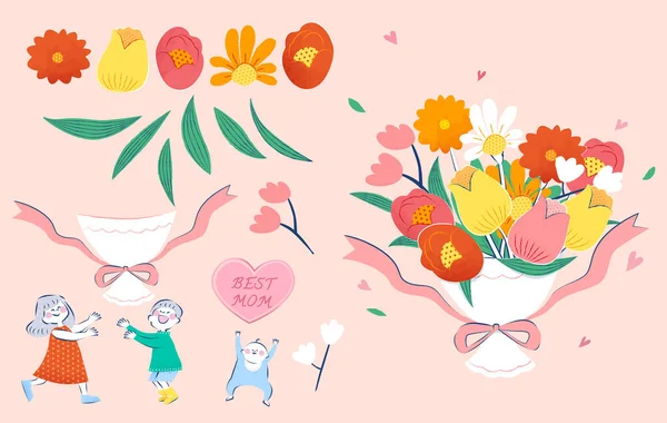 手绘风格元素集可爱的孩子 包裹的花束 爱的形状卡片和花朵装饰隔离在浅粉色背景 适用于母亲节及国际妇女节 — 图库矢量图片