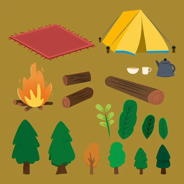 Illustration Utomhus Camping Element Set Inklusive Tält Trä Stockar Lägereld — Stock vektor