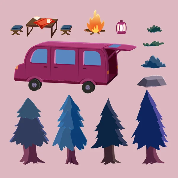 Illustration Der Outdoor Zeltplatz Element Set Inklusive Wohnmobil Lagerfeuer Bäumen — Stockvektor