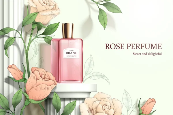 Ilustrasi Botol Kaca Parfum Merah Muda Dengan Tutup Emas Ditampilkan - Stok Vektor