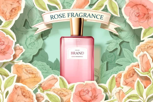 Illustratie Van Roze Parfum Glazen Fles Met Bronzen Kap Omgeven — Stockvector