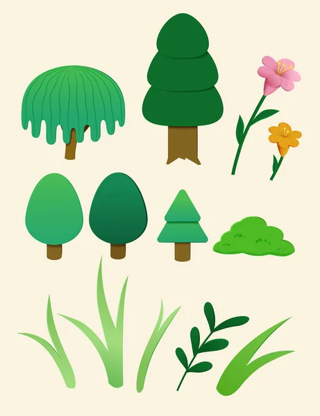 Illustration Von Pflanzen Papierschnitt Stil Elementsatz Bäume Blumen Gras Und — Stockvektor