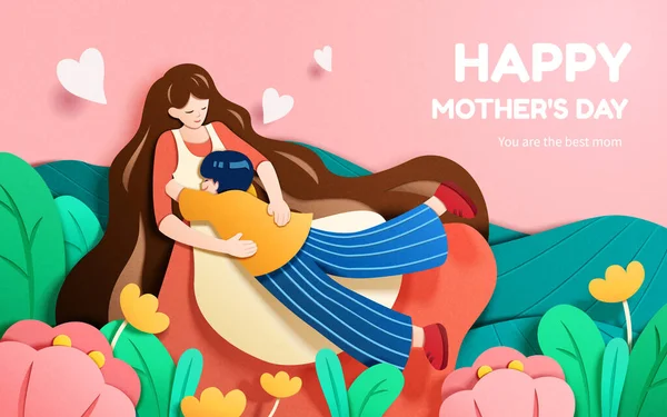 紙のアートスタイルは 花でいっぱいの庭で息子の抱擁のお母さんの素敵な相互作用を示しました 幸せな母の日に適しています — ストックベクタ
