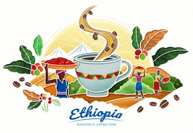 Bir kahve çiftliğinde, kafalarında sepet taşıyan ve hasat yapan çiftçi resimli dev bir fincan kahve. Dünya Kahve Günü İçin Uygun