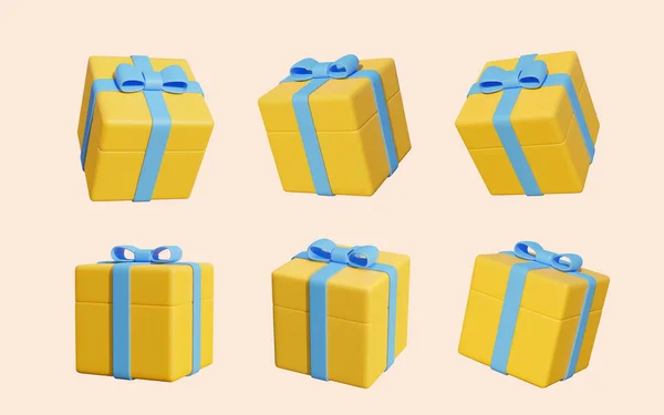 3D黄色礼品盒元素设置隔离在浅褐色背景 六个黄色礼品盒 蓝色蝴蝶结和缎带 角度各异 — 图库矢量图片